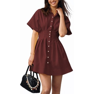 image:imageShy Velvet Womens Mini Shirt Dress Casual Button Down Short Sleeve Collared Summer DressesBurgundy